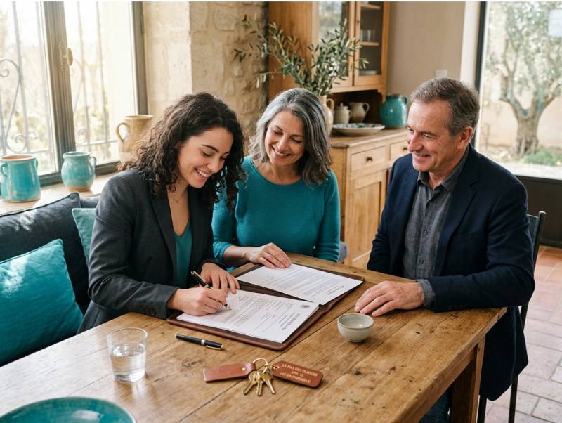 Parents aidant leur enfant à financer un achat immobilier grâce à une donation familiale chez le notaire