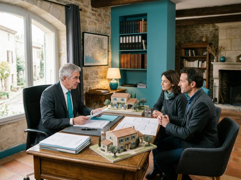 Couple en rendez-vous chez le notaire pour finaliser un achat immobilier financé par une donation familiale dans le Vaucluse